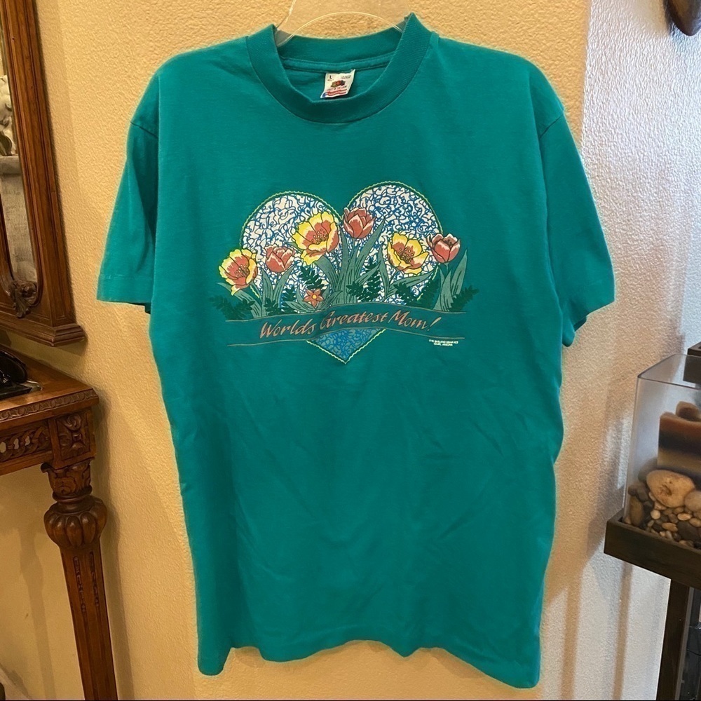 Vintage Fruit of the Loom Teal ‘Worlds Greatest Mom!’ 90’s T-Shirt Size Large